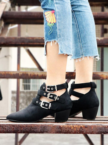Vintage Hollow Buckle Pointed Booties
