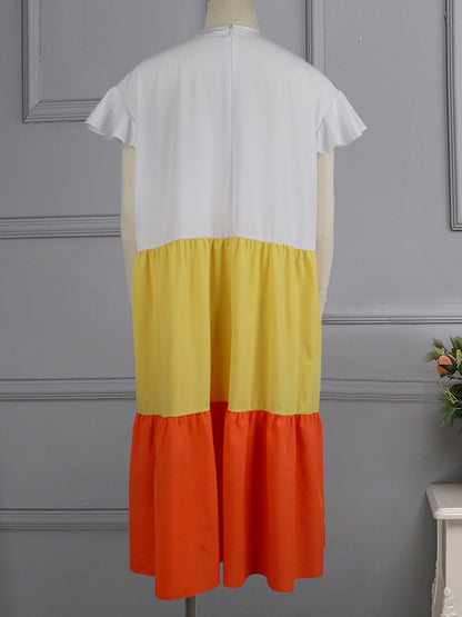 Original Loose Split-Joint Contrast Color Falbala Zipper Round-Neck Sleeveless Midi Dress