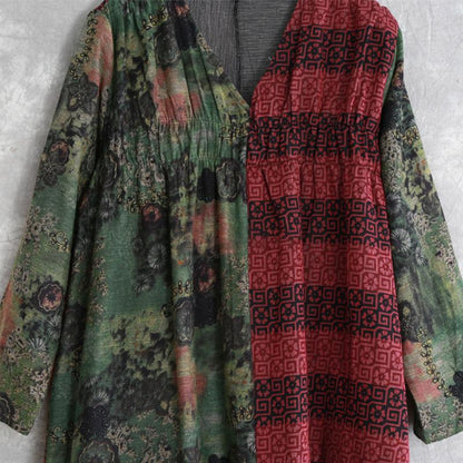 Buykud V-Neck Printed Pleated Retro Loose Dress