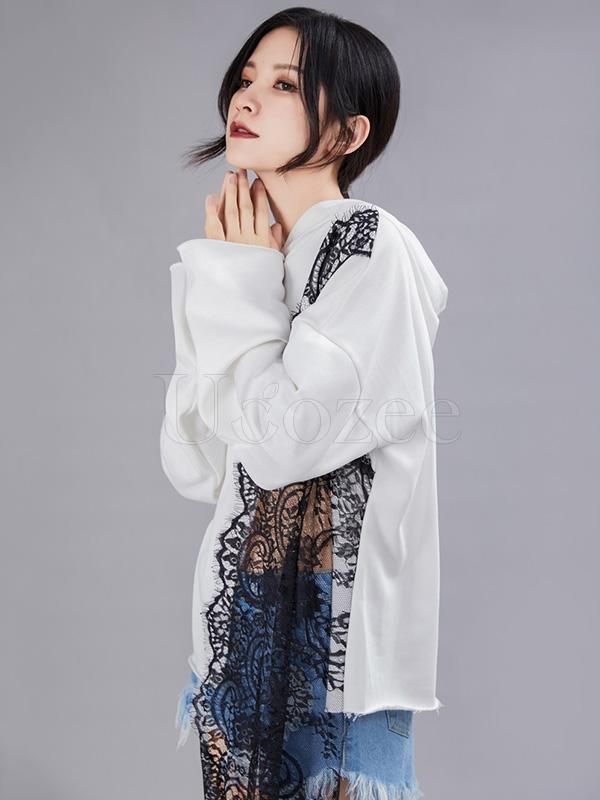 Lace Asymmetry Split-joint Designed Sweatshirt