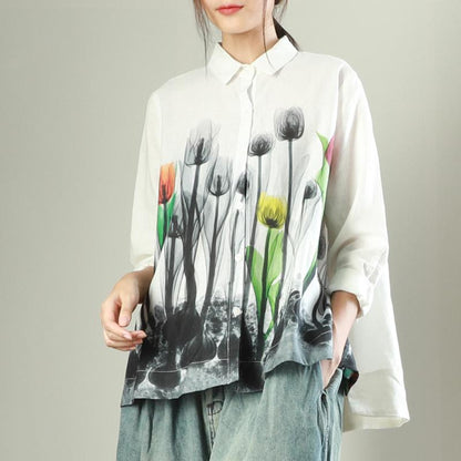 Buykud Elegant Ink Flower Casual Single-breasted Shirt