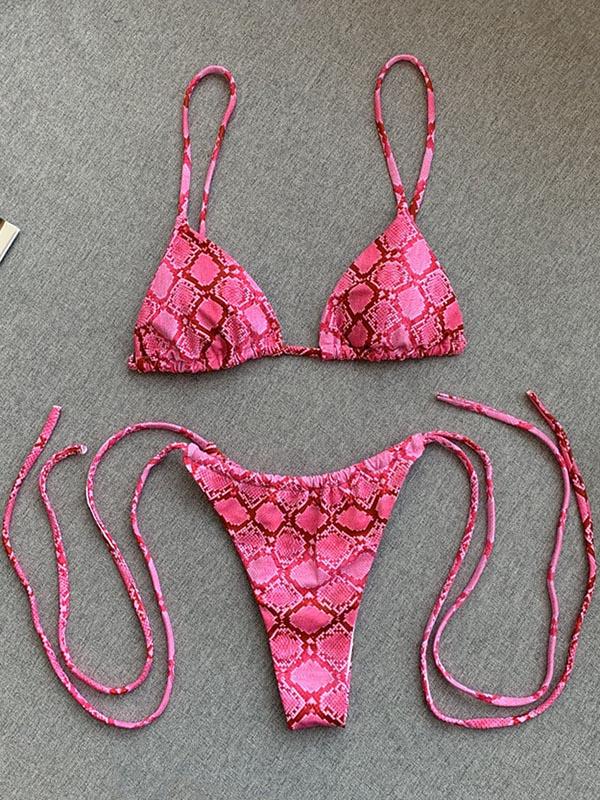Snake-Print Bandage Split Bikini Swimsuit