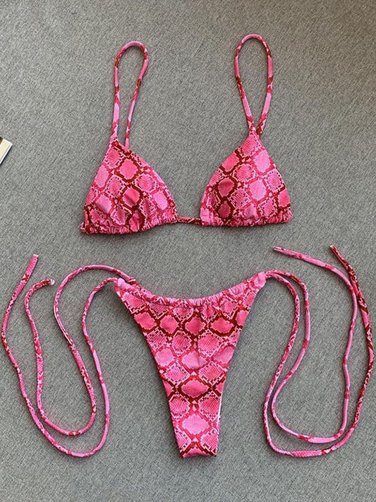 Snake-Print Bandage Split Bikini Swimsuit
