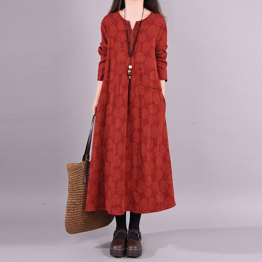 Buykud Dots Embroidery V-Neck Pullover Casual Loose Dress