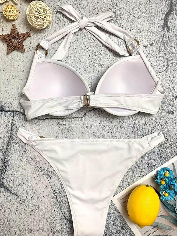 Solid Color Adornment Split Bikini Swimsuit