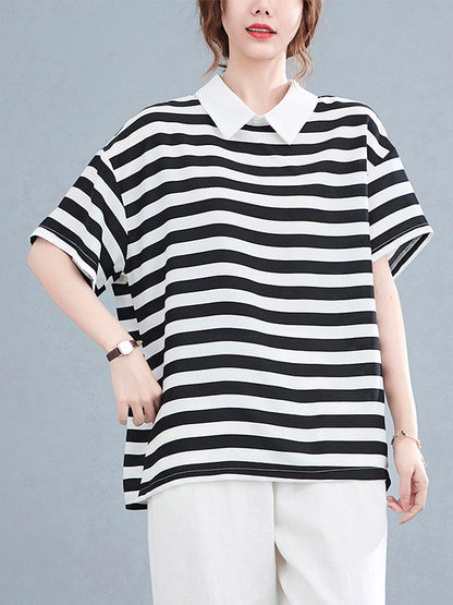 Urban Stripe Half Sleeve Lapel T-Shirt Top