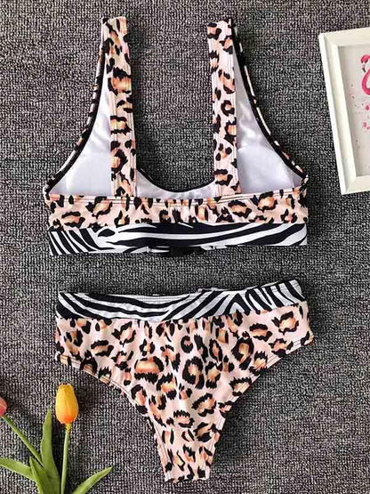 Leopard Print Plug Bandage Split Bikini Swimsuit