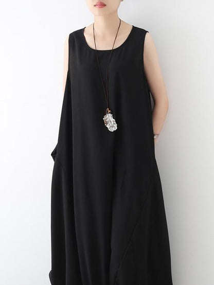 Black Round-neck Split-front Sleeveless Jumpsuits