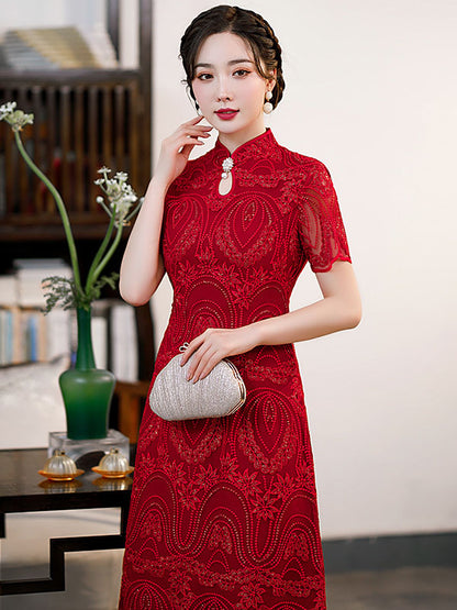 Gauze Lace Hollow Stand Collar Short Sleeves Wedding Cheongsam