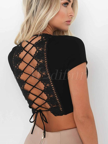 Backless Hollow Drawstring V-neck Tee
