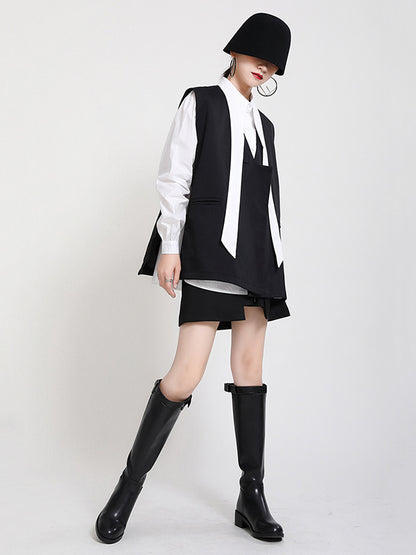 Stylish Urban Contrast Color Buttoned Lapel Collar Long Sleeves Blouse+Sleeveless Vest Outwear