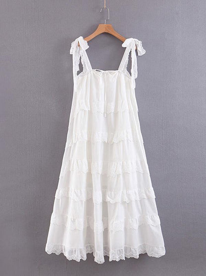 Ruffled A-line Spaghetti Neck Midi Dress