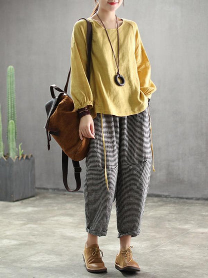 Vintage Split-joint Elasticity Ramie Cotton Harem Pants