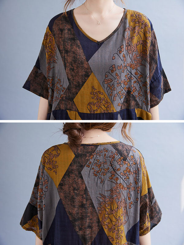 Vintage Printed V-Neck Half Sleeves Midi Dress