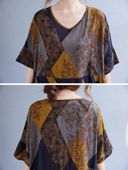 Vintage Printed V-Neck Half Sleeves Midi Dress