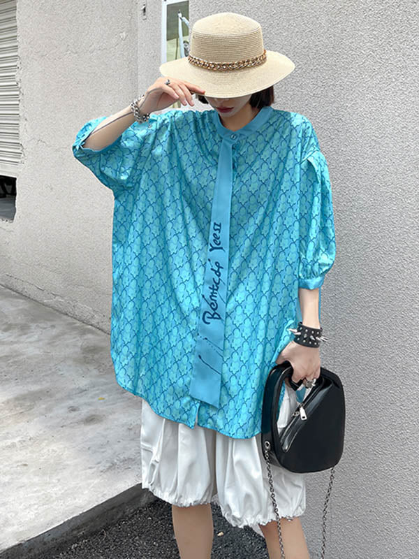 Stylish Split-Joint Printed Stand Collar Tie Short Sleeves Blouses