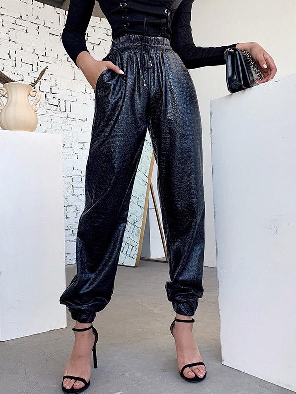 Punk Solid Loose PU Harem Pants