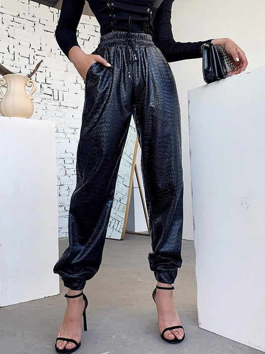 Punk Solid Loose PU Harem Pants
