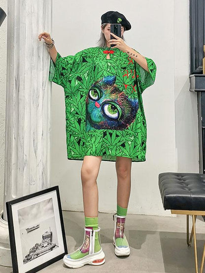 Oversize Printed Green Dress