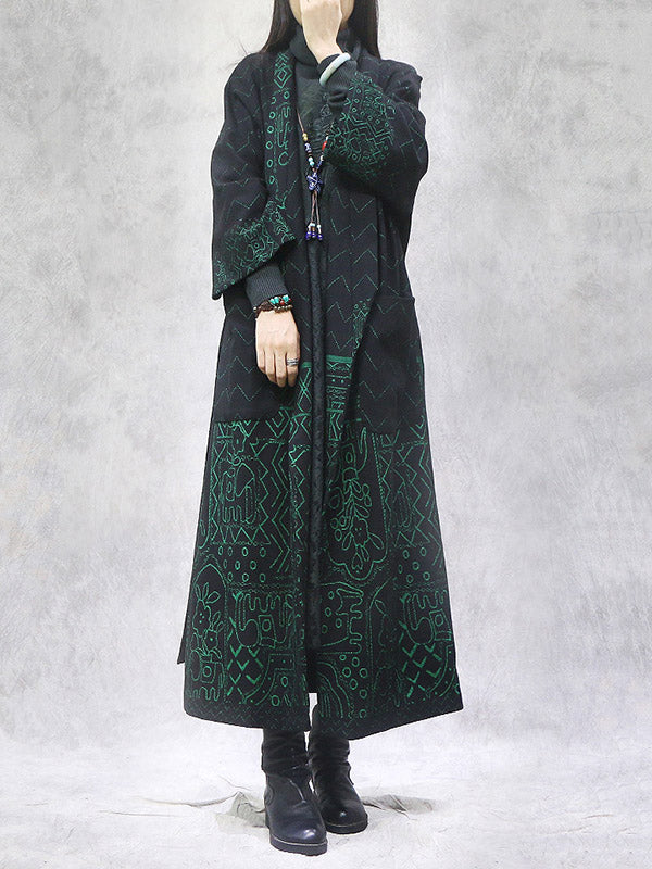 Artistic Retro Loose National Printed Tied Lapel Collar Raglan Sleeves Outwear