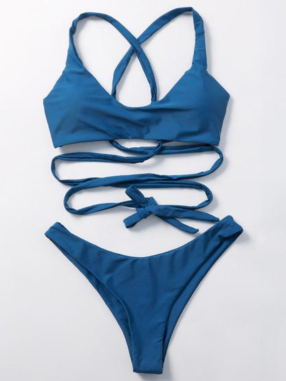 Dull Solid Blue Bikinis Swimwear
