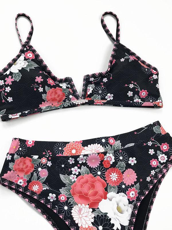 Floral-Print V-Neck Split Bikini Swimsuit