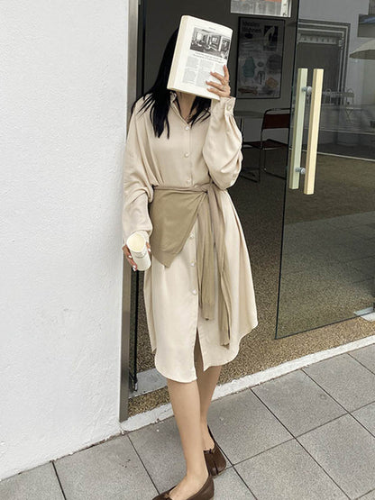 Simple Solid Color Buttoned Lapel Long Sleeves Shirt Dress