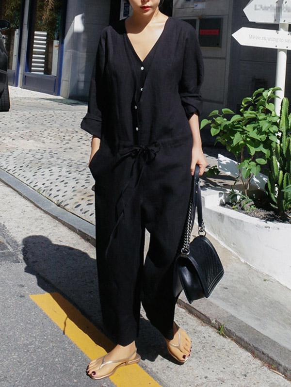Casual Linen V-neck Jumpsuit