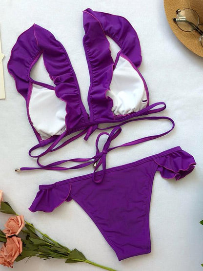 Lettuce Frilled Cross Strappy Plain Bikini Swimsuit