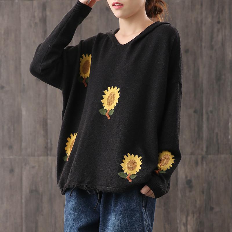 Buykud Casual Sunflower Adjustable Waist Hooded Sweater