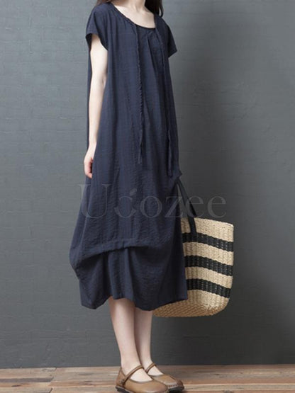 Casual Solid Ruffled Round-neck Midi Dress