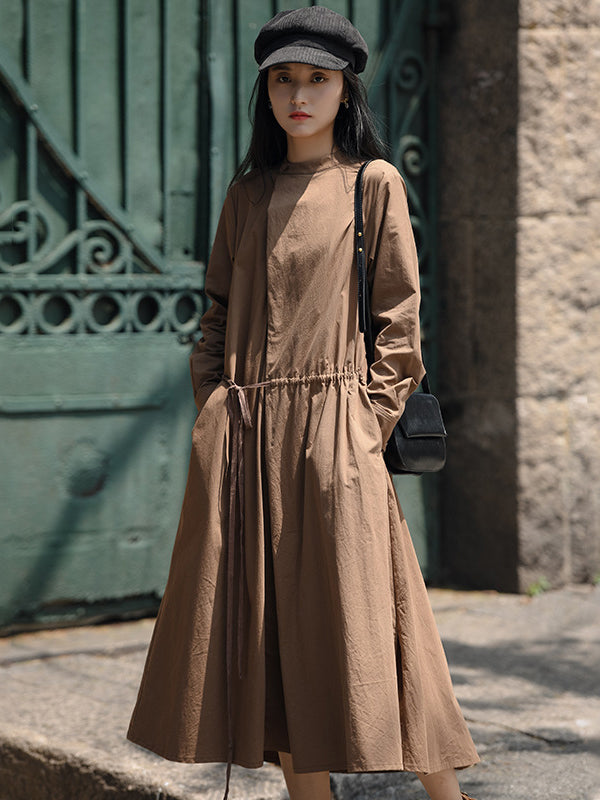 Casual Long Sleeves Loose Tied Asymmetric Solid Color Stand Collar Midi Dresses