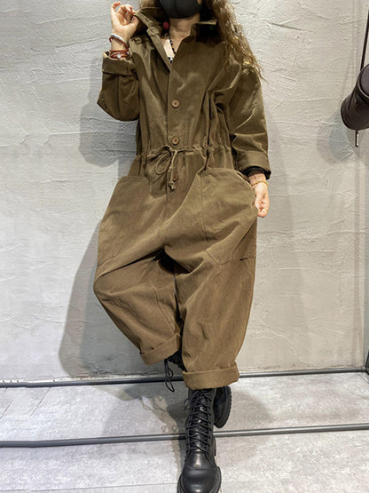 Fashion Long Sleeves Lapel Solid Color Jumpsuits