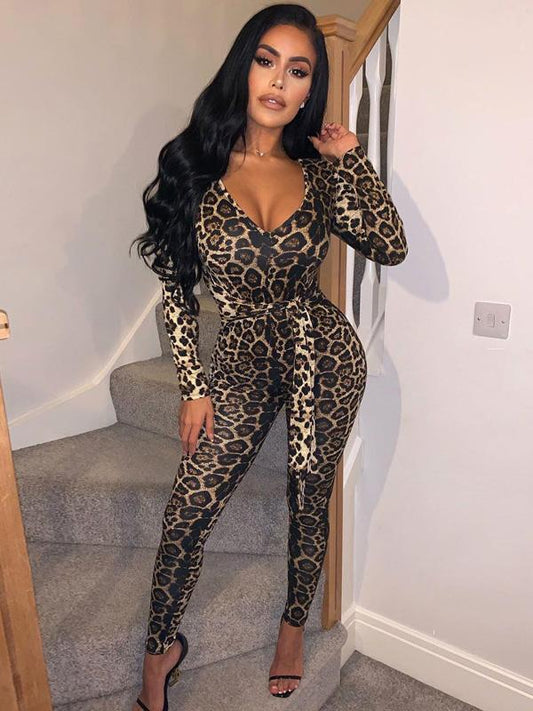 Leopard V-Neck Waistband Yoga Jumpsuits