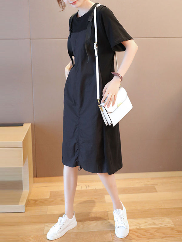 Original Casual Loose Solid Color Split-Joint Round-Neck Half Sleeves False Two Midi Dress