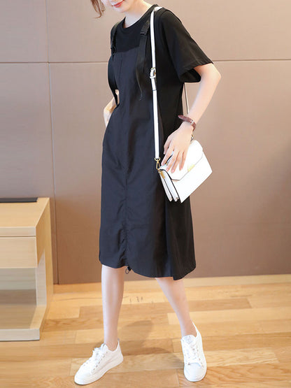Original Casual Loose Solid Color Split-Joint Round-Neck Half Sleeves False Two Midi Dress