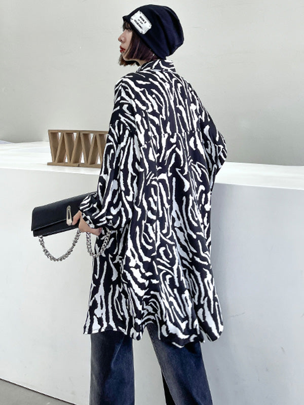 Stylish Printed Buttoned Batwing Sleeve Lapel Blouse Tops