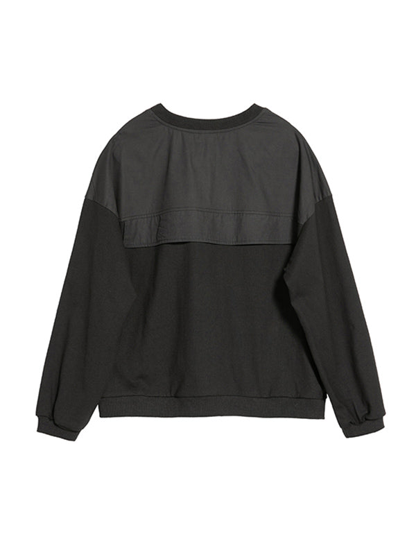 Casual Black Split-Joint Big Pocket Long Sleeves Round-Neck T-Shirt