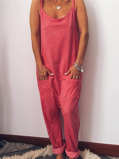 Solid Spaghetti-neck Jumpsuits