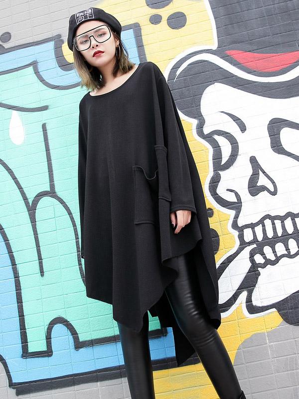 Loose Black Round-neck Asymmetric T-shirt Dress