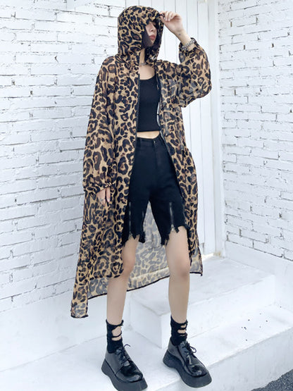 Original Leopard Zipper Split-Side Hooded Long Sleeves Sun-Protection Outerwear