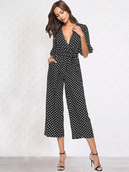 Printed Belted V-neck Half Sleeves Jumpsuit