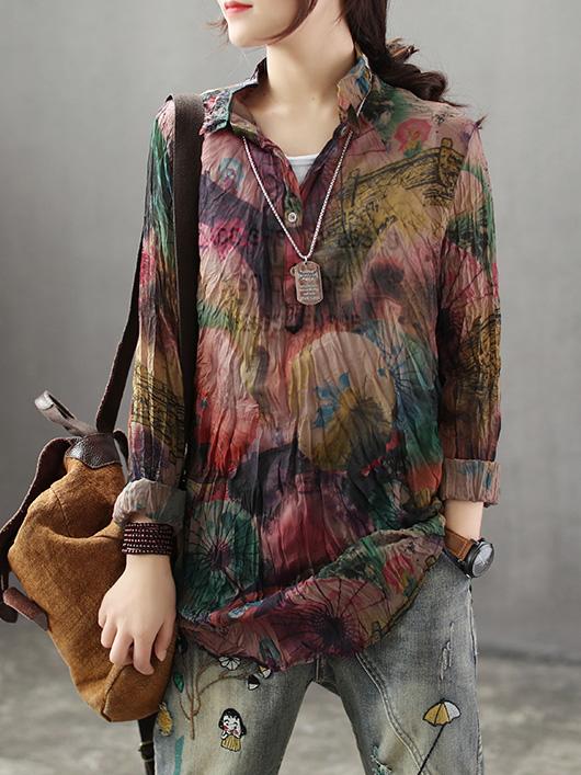 High-low Vintage Loose Printed Blouse Top