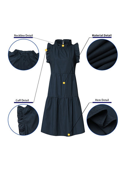 Stylish Solid Color Falbala Sleeveless Stand Collar Midi Dress