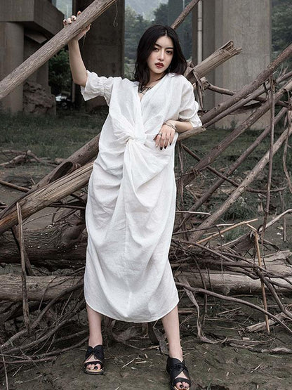 Solid Ruffled Split-Side Short Sleeves Dress