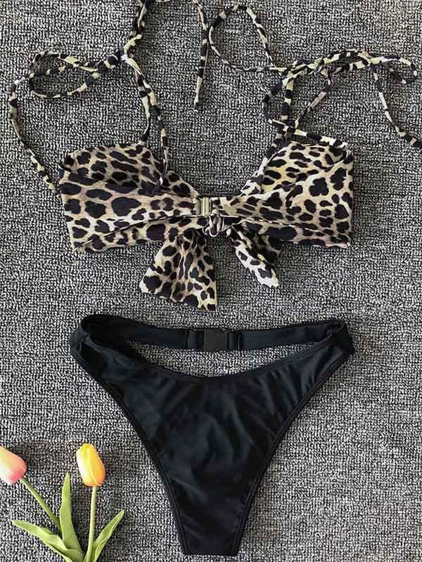 Snake-Print Bandeau Knotted Split Bikini Swimsuit