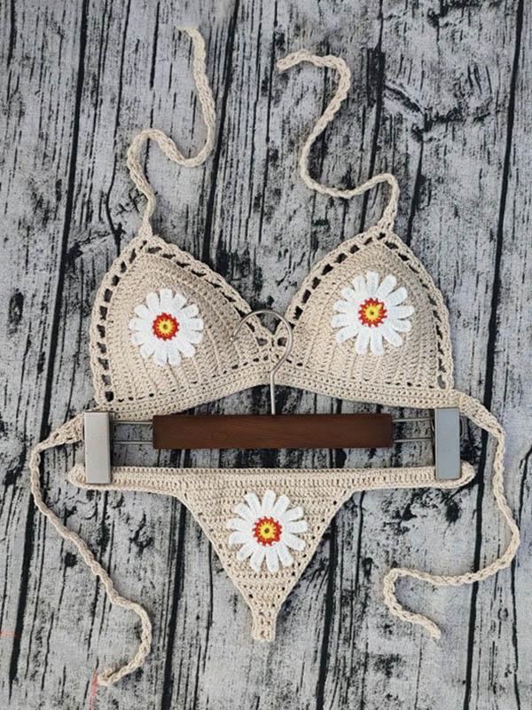 Crochet Floral Split Bikini Swimsuit