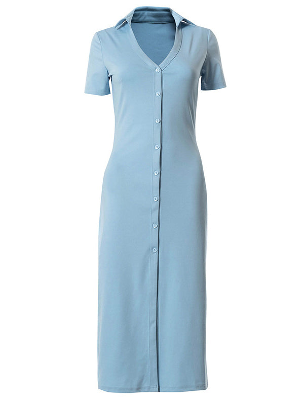 Simple Solid Color Lapel V-Neck Split-Front Midi Dress