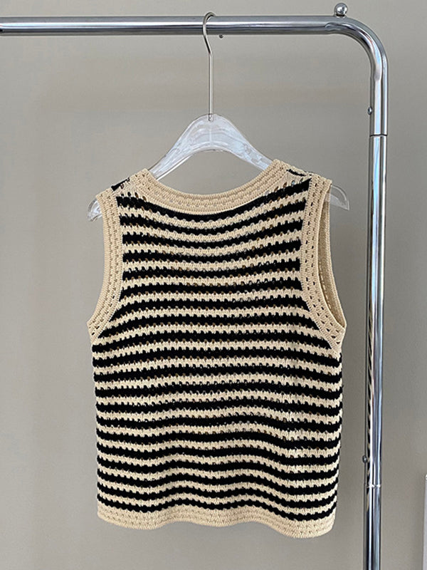 Simple Black White Contrast Color Knitting Vest Top