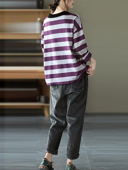 Casual Striped Contrast Color Long Sleeves Doll Collar Loose T-Shirt Tops